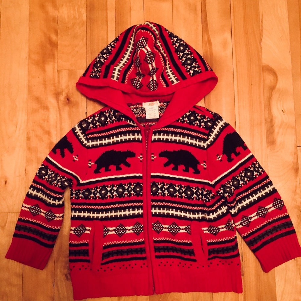 Red knit zip up hoodie fair isles black bear